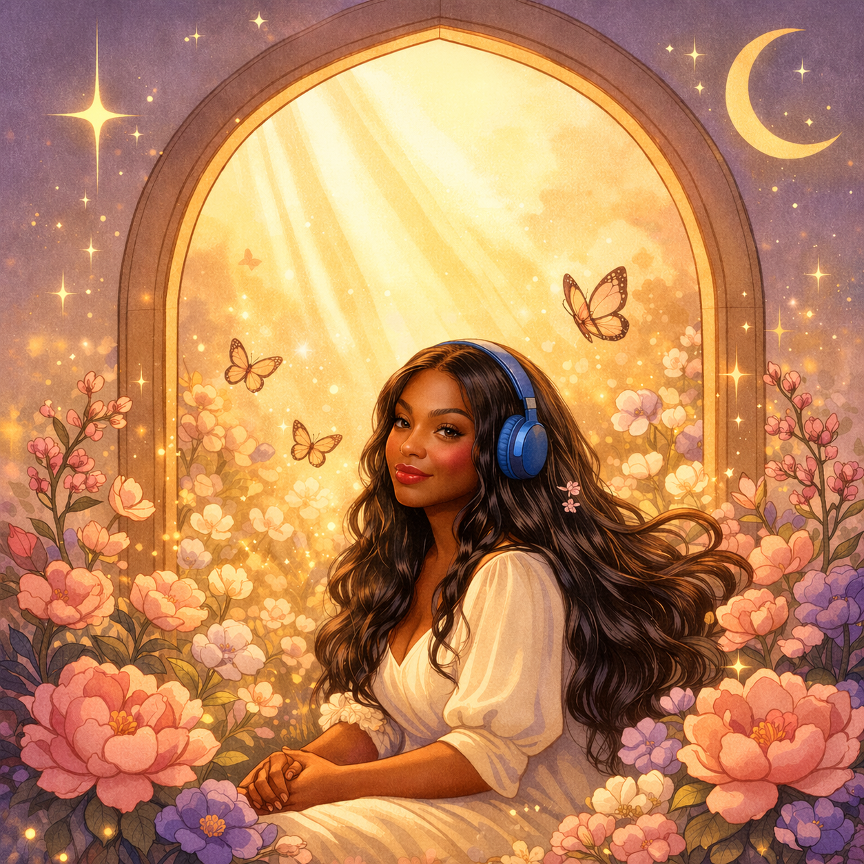 Carmen Whimsy — illustrated portrait in a magical garden