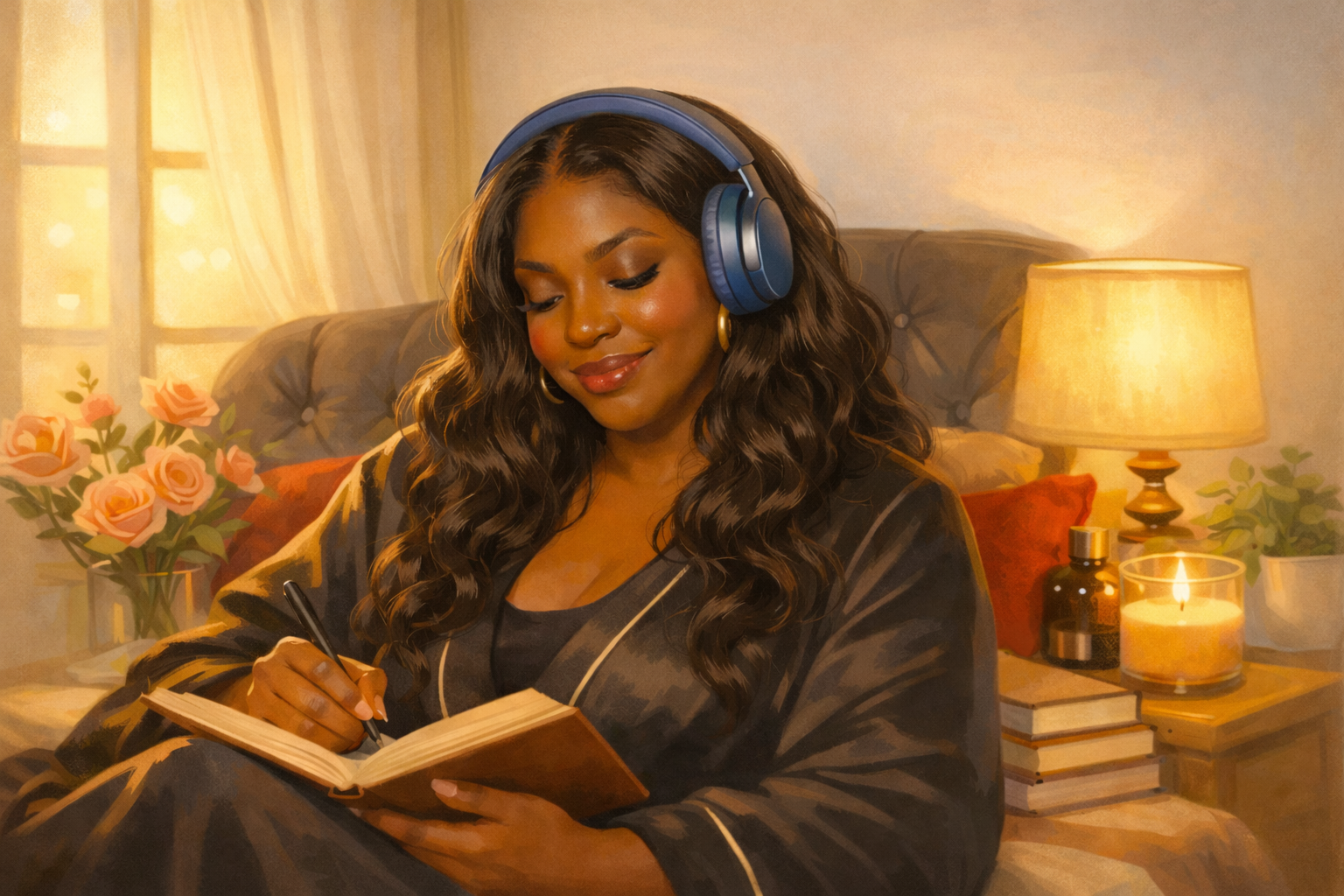 Carmen Whimsy reading in a cozy setting